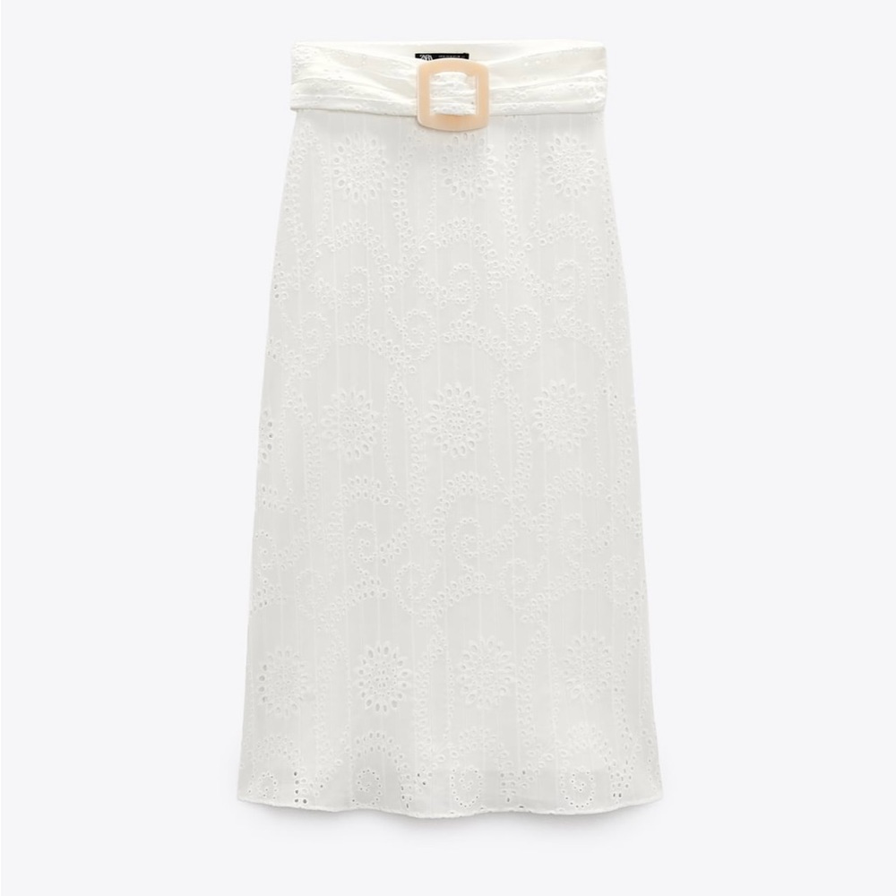 Zara White Midi Skirt with Belt